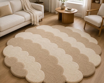 Alfombra con diseño de flores festoneadas, alfombra de área con mechones color crema beige, alfombra moderna orgánica, alfombra neutra