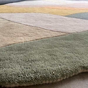 May include: A tufted area rug featuring an abstract pattern of organic, flowing shapes in muted tones of sage green, soft beige, pale pink, mustard yellow, and slate gray. The rug has a thick, textured pile with a soft, plush surface appearance.