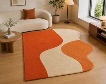 Alfombra abstracta naranja, alfombra moderna de forma irregular con mechones, alfombra ondulada color crema terracota
