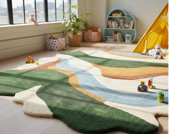 Alfombra de juegos infantil inspirada en la naturaleza: alfombra con paisaje de río ondulado para guardería, sala de juegos, alfombras a medida.