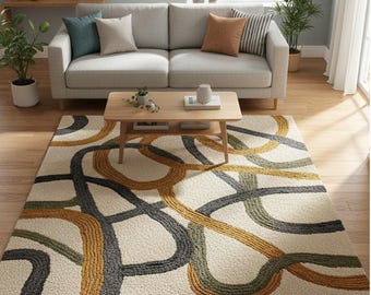 Alfombra de lana tejida a mano, líneas abstractas modernas, beige neutro, tamaño personalizado