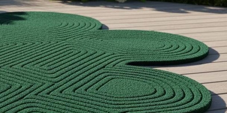Puede incluir: Una alfombra de color verde oscuro con forma de tr&eacute;bol, que presenta una superficie texturizada y l&iacute;neas conc&eacute;ntricas en relieve que siguen el per&iacute;metro exterior del dise&ntilde;o, creando un patr&oacute;n repetitivo que resalta los l&oacute;bulos redondeados.