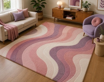 Alfombra moderna rosa abstracta con ondas, alfombra de área color púrpura rubor, alfombra con mechones para sala de estar