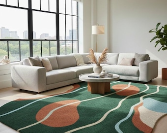 Modern Abstract Hand Tufted Area Rug – Green & Terracotta Wavy Pattern Carpet