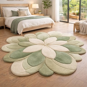 May include: A large, flower-shaped rug with a layered petal design in shades of green and cream. The rug is placed on a hardwood floor in a bedroom setting, with a bed and nightstand visible in the background. The rug's diameter is approximately 152 cm.