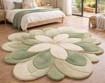 Hand Tufted Flower Shaped Rug – Sage Green & Ivory Floral Carpet, Soft Wool Area Rug