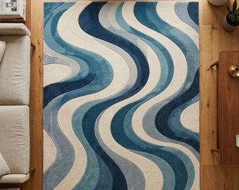 Alfombra moderna abstracta de olas azules, alfombra inspirada en el océano, alfombra contemporánea para sala de estar.