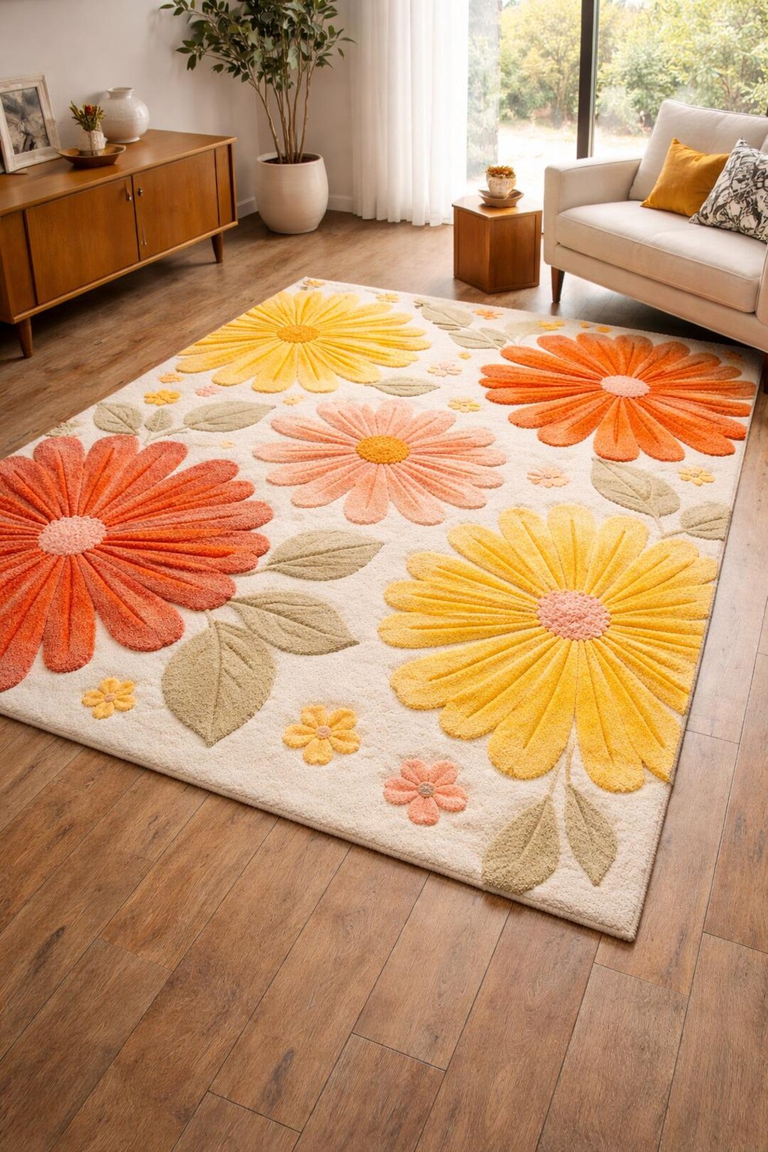 Hand Tufted Floral Area Rug – Large Daisy Flower Wool Carpet, Modern ...