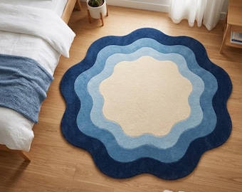 Alfombra moderna abstracta con forma de flor, alfombra azul marino, alfombra orgánica de capas con mechones.