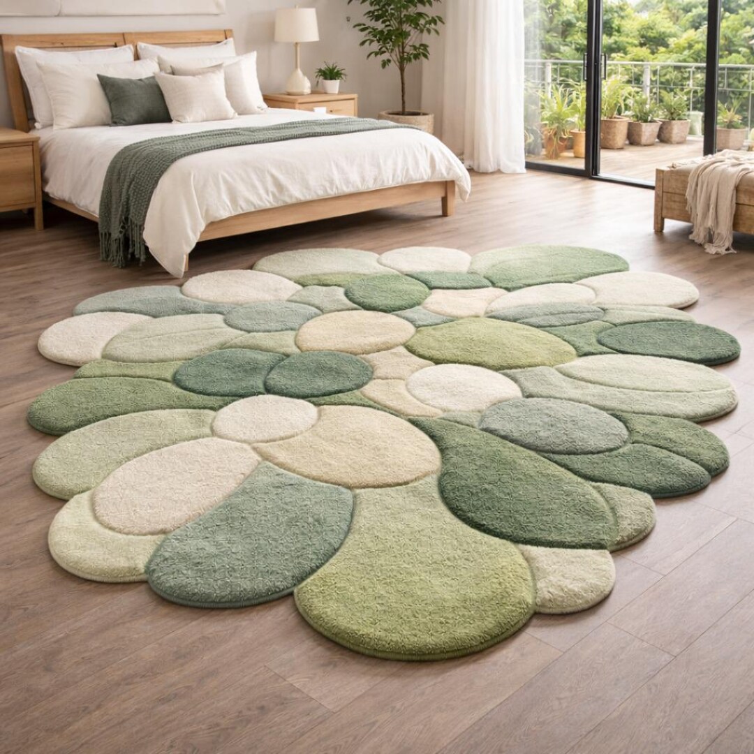 Hand Tufted Flower Shaped Rug – Soft Green & Ivory Wool Carpet, Modern ...