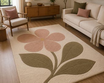Alfombra minimalista con estampado floral, alfombra rosa con flores, alfombra botánica para sala de estar.