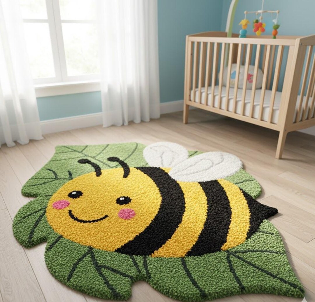 Hand Tufted Bee Kids Rug on Leaf, Nursery Area Rug, Cartoon Animal ...
