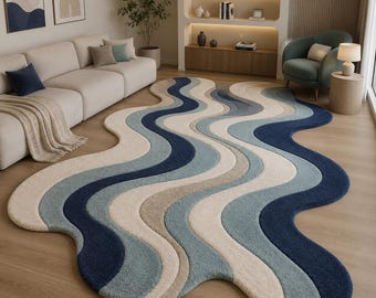 Alfombra abstracta ondulada, alfombra con mechones de forma irregular, alfombra moderna de ondas azules