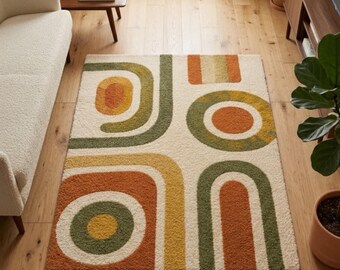 Alfombra moderna retro geométrica con mechones, alfombra abstracta de mediados de siglo, alfombra bohemia para sala de estar.