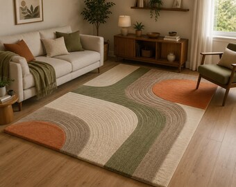 Alfombra abstracta con mechones, alfombra moderna verde salvia y naranja, decoración de mediados de siglo