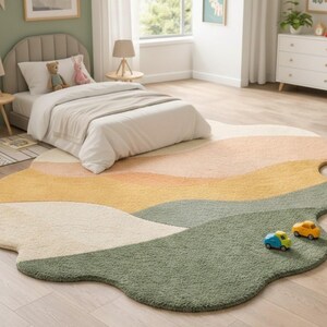 May include: An irregularly shaped area rug featuring a layered, wavy landscape design in muted tones of sage green, mustard yellow, cream, and soft peach. The rug has a textured, plush pile surface and is positioned on a light wood floor.