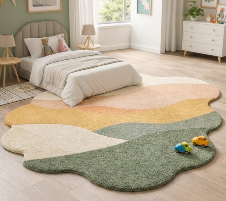 May include: An irregularly shaped area rug featuring a layered, wavy landscape design in muted tones of sage green, mustard yellow, cream, and soft peach. The rug has a textured, plush pile surface and is positioned on a light wood floor.