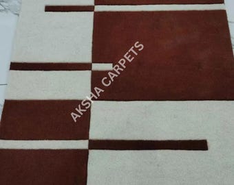 Brown & Beige Wool Area Rug | Hand-Tufted Geometric Carpet