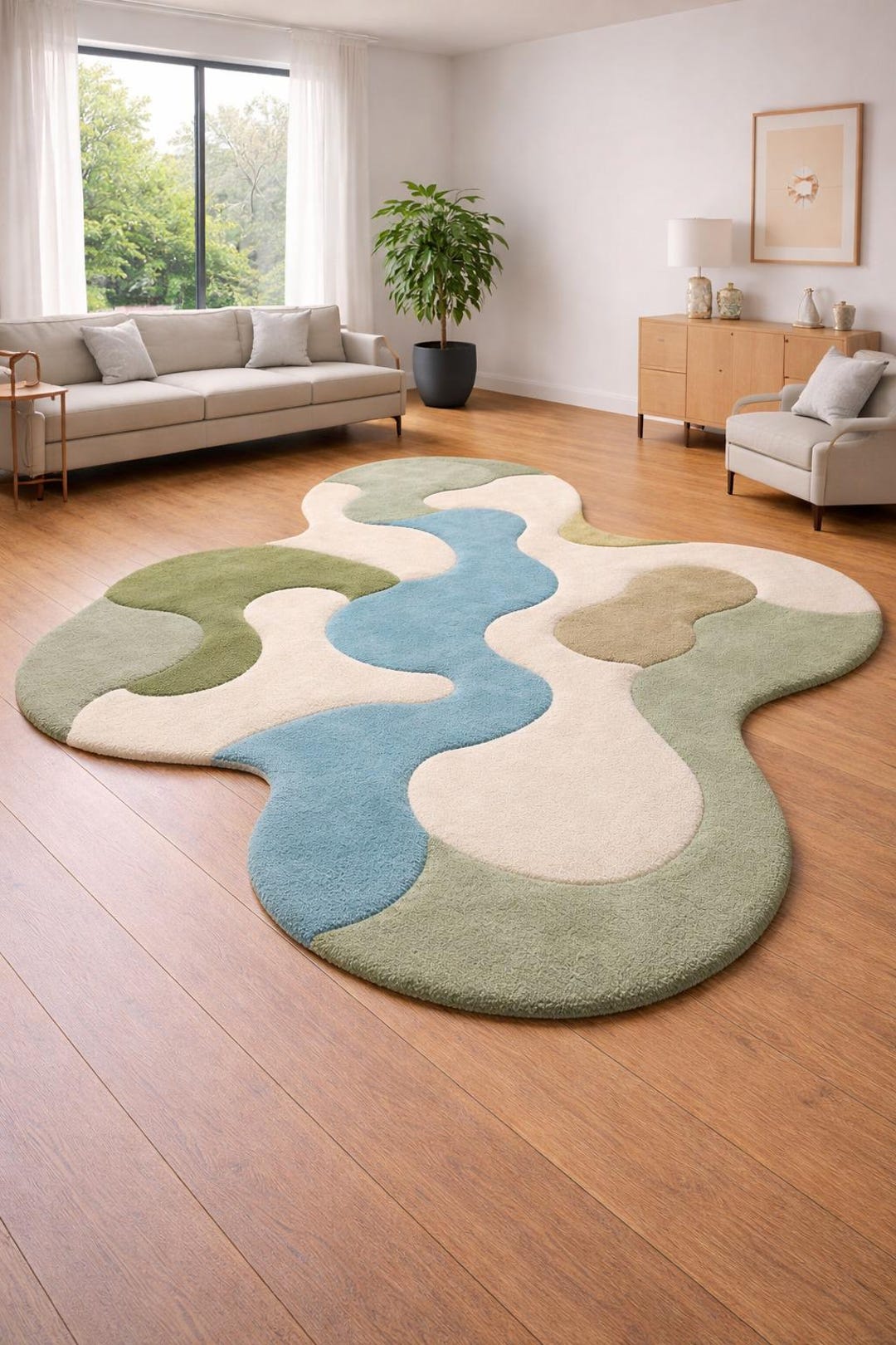 Abstract Organic Shape Rug, Green Blue Irregular Area Rug, Modern ...
