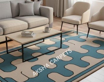 Hand tufted Blue and Beige Geometric Area Rug - Modern Minimalist Decor