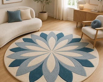 Alfombra redonda con estampado floral, alfombra de área con flores azules, alfombra botánica moderna.