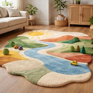 May include: A whimsical, colorful rug with a landscape design. The rug features a winding blue river, rolling green hills, and a yellow sun. Small toy cars and trees are scattered across the rug, adding to the playful scene.