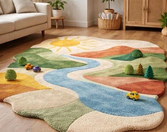 Alfombra para sala de estar y niños con temática natural, hecha a mano, con forma irregular abstracta y paisaje.