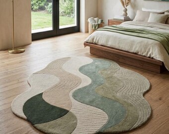 Alfombra verde salvia con forma orgánica, alfombra abstracta ondulada, alfombra moderna con mechones.