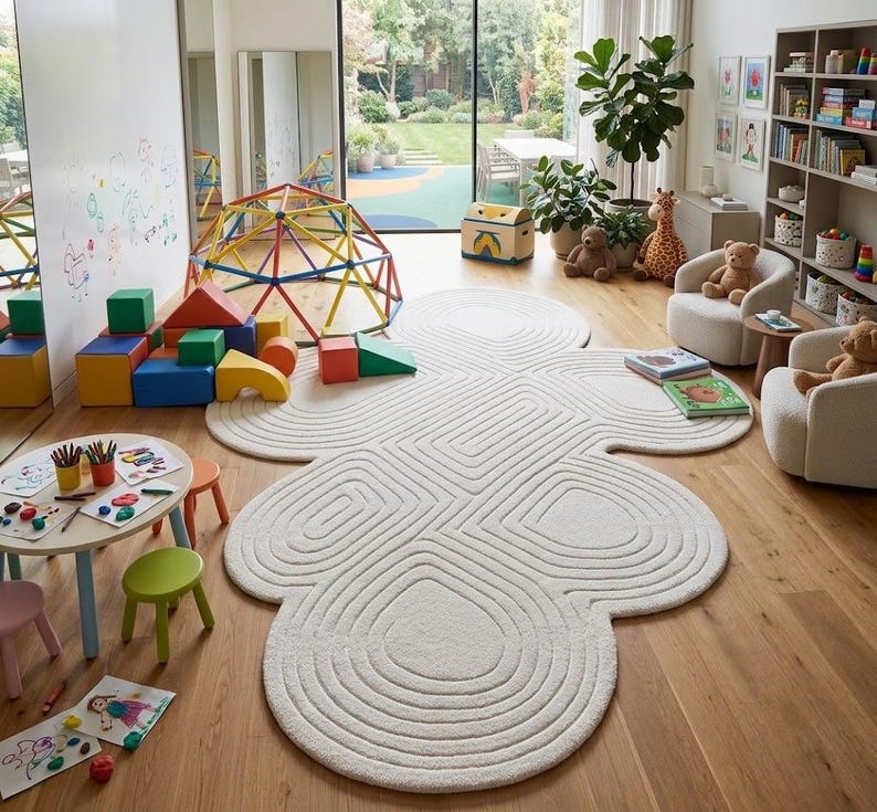 Puede incluir: Una alfombra grande de color blanco roto con un patr&oacute;n texturizado, conc&eacute;ntrico y similar a una nube que cubre el centro del suelo de una sala de juegos. La alfombra presenta l&iacute;neas redondeadas en relieve que forman formas org&aacute;nicas.