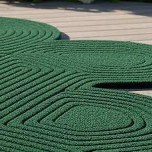 Puede incluir: Una alfombra de color verde oscuro con forma de tr&eacute;bol, que presenta una superficie texturizada y l&iacute;neas conc&eacute;ntricas en relieve que siguen el per&iacute;metro exterior del dise&ntilde;o, creando un patr&oacute;n repetitivo que resalta los l&oacute;bulos redondeados.