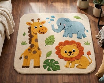 Alfombra infantil con diseño de animales de safari, alfombra para guardería, alfombra con diseño de león, jirafa y elefante.