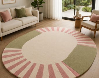 Alfombra ovalada con diseño de rayos de sol, alfombras de área con mechones en rosa, verde y crema, alfombra ovalada moderna.