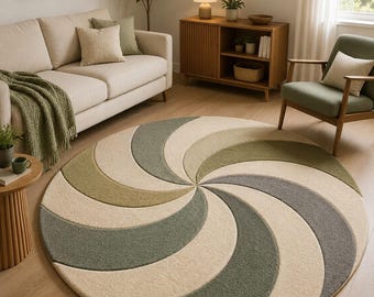 Alfombra redonda verde salvia, alfombra moderna con mechones en espiral, alfombra circular escandinava.