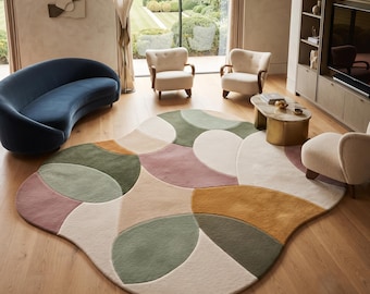 Hand Tufted Kids Playroom Rug – Modern Pastel Abstract Carpet, Soft Wool Area Rug