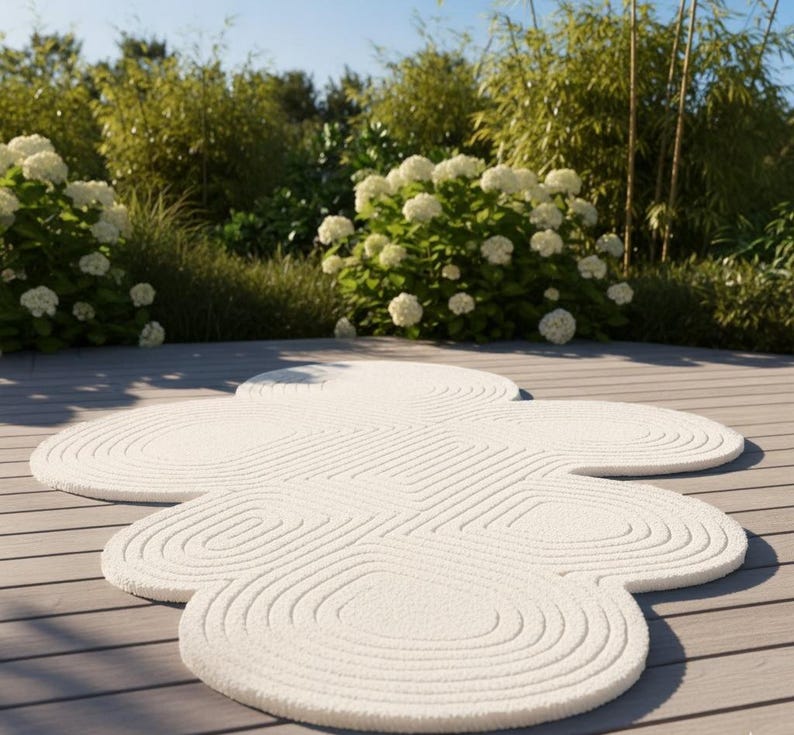 Puede incluir: Una alfombra de color blanco roto con una forma org&aacute;nica similar a una nube, que presenta una superficie texturizada con patrones circulares conc&eacute;ntricos en relieve. La alfombra consta de varias secciones redondeadas que se unen.