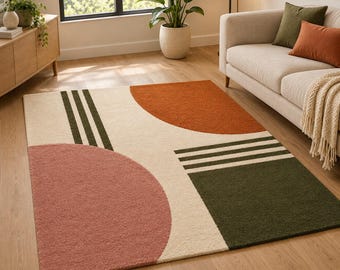 Alfombra moderna geométrica de lana tejida a mano, alfombra abstracta de terracota verde crema.