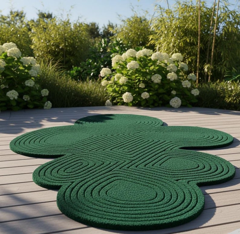 Puede incluir: Una alfombra de color verde oscuro con una superficie texturizada que presenta una serie de patrones circulares conc&eacute;ntricos. La alfombra tiene una forma org&aacute;nica irregular compuesta por varias secciones redondeadas superpuestas.