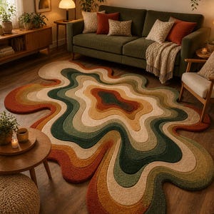 Könnte beinhalten: Ein farbenfroher Teppich im Retro-Stil mit einem einzigartigen, fließenden Design. Der Teppich weist ein wellenförmiges Muster in Rost-, Orange-, Grün-, Beige- und Brauntönen auf. Dieses Statement-Stück verleiht jedem Wohnraum einen Hauch von Vintage-Charme.