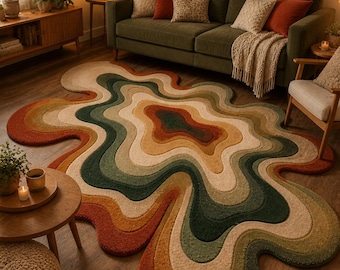Alfombra abstracta irregular en tonos tierra – Alfombra de lana tejida a mano, alfombra de área de forma orgánica