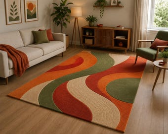 Alfombra estilo retro wave, alfombra abstracta naranja y verde, alfombra moderna de mediados de siglo.