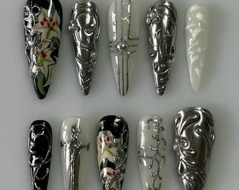 Black White Cross Press Ons | Silver Metallic 3D Art | Dark Luxury Stiletto Set