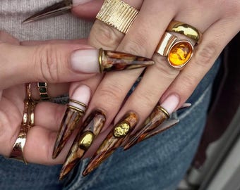 Gold Brown Press On Nails | Marble Horn Stiletto Design | Luxury Sculpted Handmade Nail Set