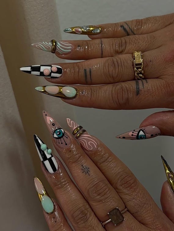 Abstract Eye Press On Nails | Gold Accent Art | Long Stiletto Handmade Luxury Nails