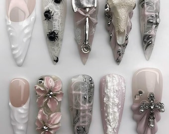 Handmade Angelic Gothic Press On Nails | Long Stiletto Nail Set | Lace and Metallic Art Design