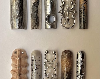 Handmade Angelic Gothic Press On Nails | Long Stiletto Nail Set | Lace and Metallic Art Design