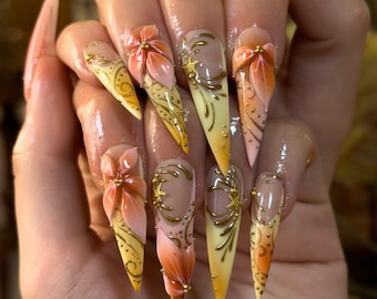 Ongles à presser fleur de pêcher faits main, style stiletto, coupe française florale, ensemble élégant pour mariage et femme