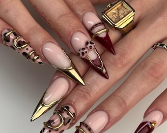 Luxury Burgundy Gold Press On Nails | Leopard Metal Art Nail Set Handmade