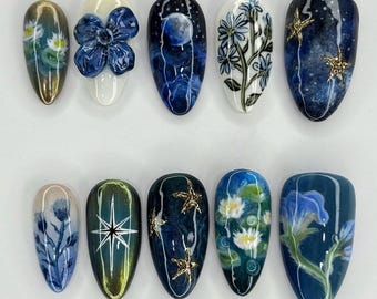 Celestial Blue Press On Nails | Hand Painted Floral Moon Art | Night Sky Nail Set