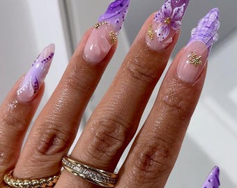 Lavender Floral Press On Nails | Purple French Tip Design | Feminine Almond Nail Art Set