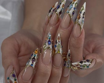 Luxury Stained Glass Press On Nails | Gold Frame Mosaic Design | Elegant Statement Set